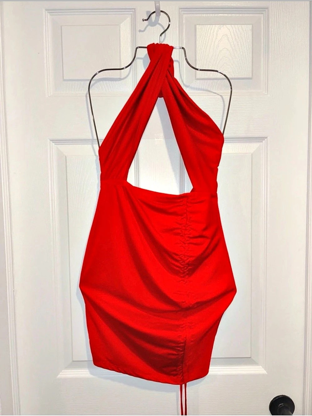 Red Ruched Halter Mini Dress